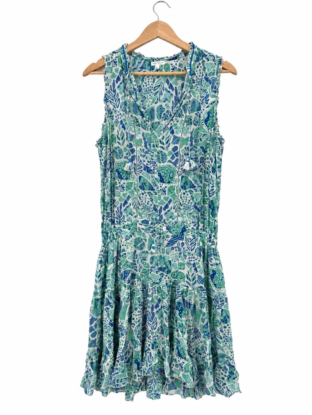 Poupette St Barth Blue Green Printed Ruffle Mini Dress Large Resort Shells